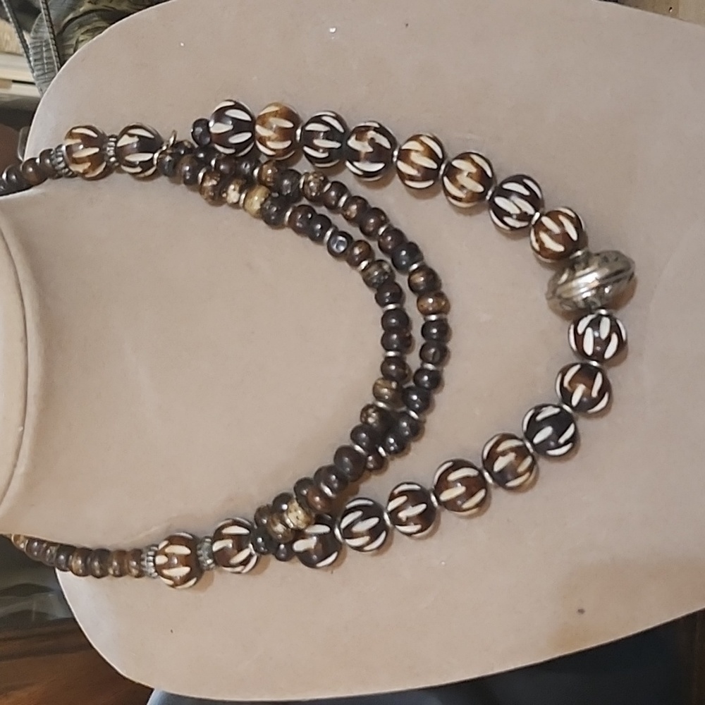Hand crafted carved wood bead necklace